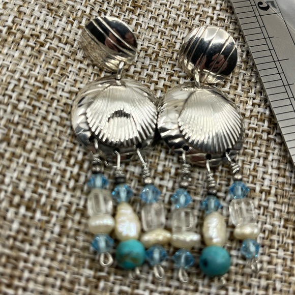 90's Handmade Sterling Silver Double Shell Earrings with Turquoise - Picture 15 of 16
